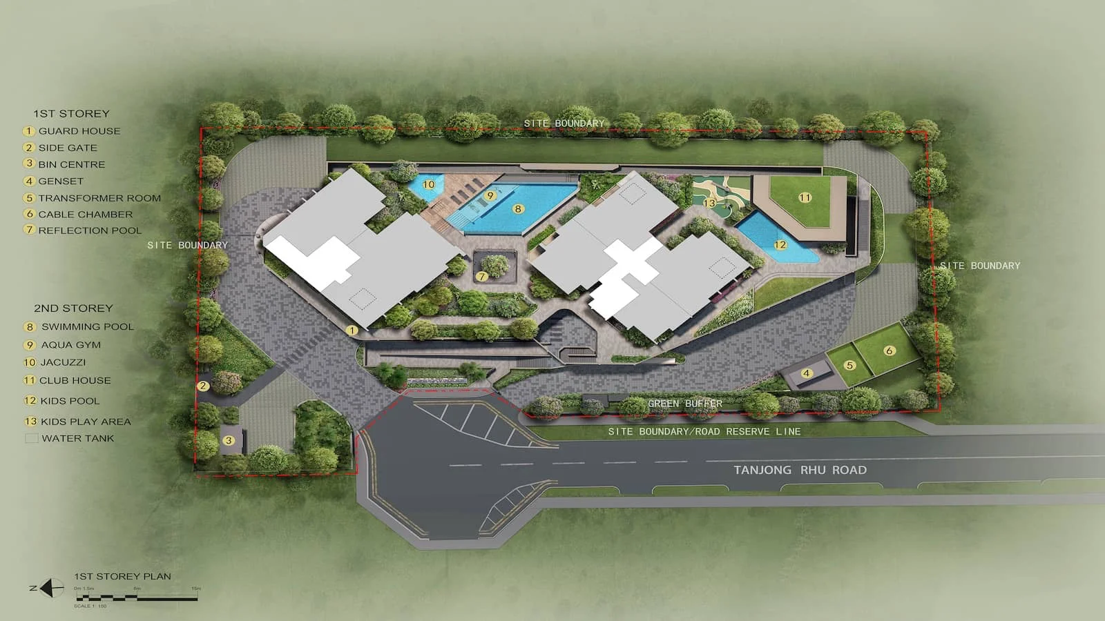 Official site plan of Arina East Residences in Tanjong Rhu, detailing the exclusive 107-unit residential blocks, luxury facility deck, and landscape architecture.