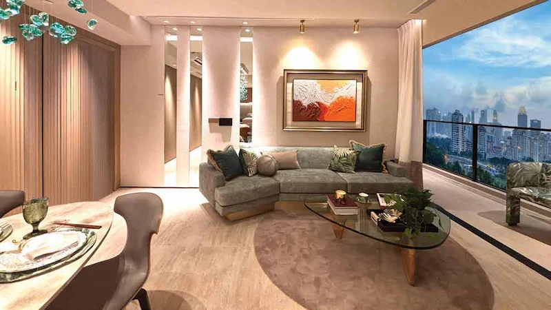 Artist impression of a premium living room interior with panoramic city views at Arina East Residences in Tanjong Rhu.